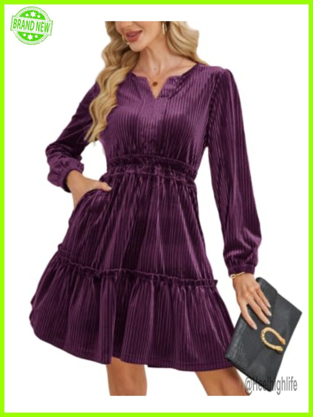 V-Neck A-Line Mini Velvet Dress Long Sleeve Cocktail Party